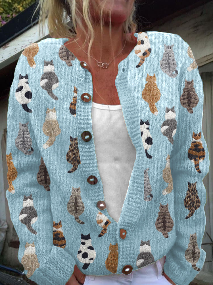 Solvara | Women's Cat Print Button-Front Cardigan — Novelty Knit Layer with All-Over Print | Westmere
