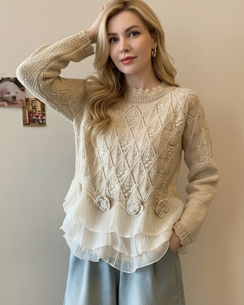 Soraya | Women's Cable Knit Ruffle Hem Sweater — Chiffon Tier with Rosette Trim Detail in Cream | Westmere