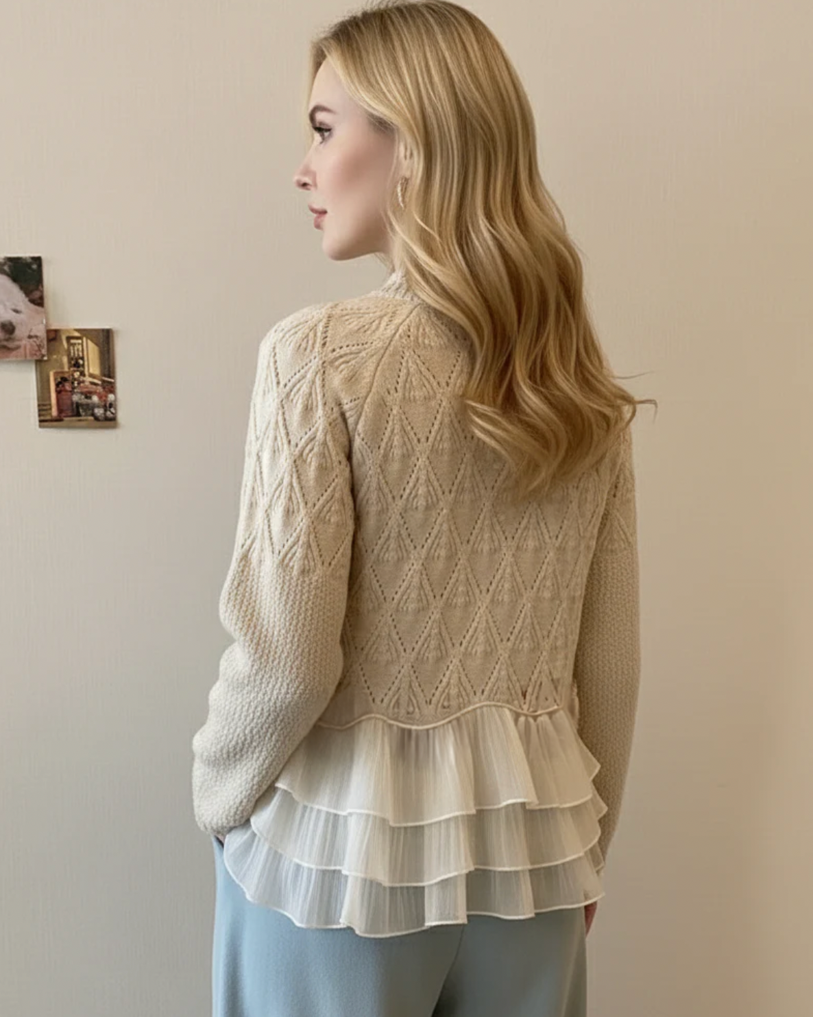 Soraya | Women's Cable Knit Ruffle Hem Sweater — Chiffon Tier with Rosette Trim Detail in Cream | Westmere