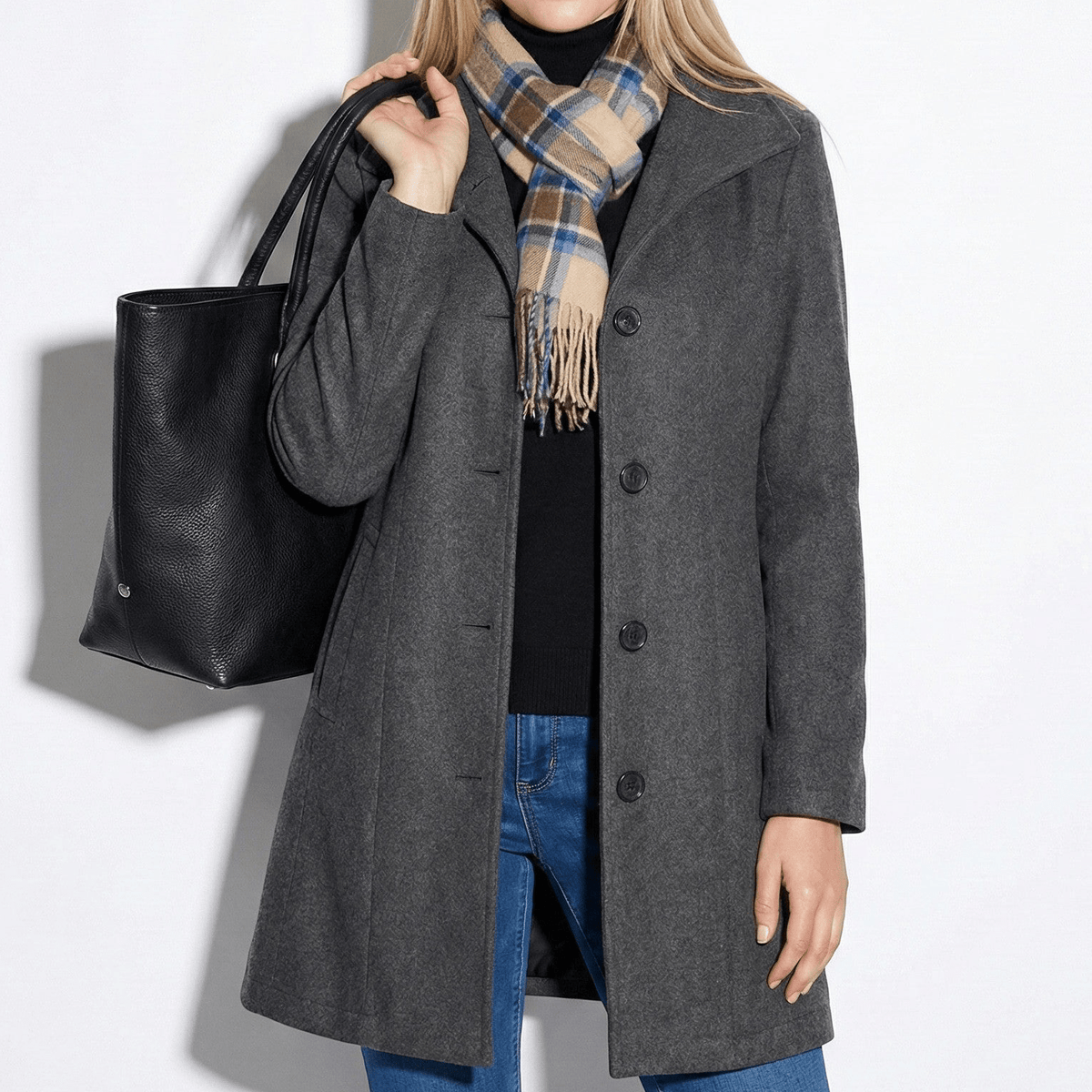 Colleen Womens Button-Front Winter Coat with Clean Lines in Gray