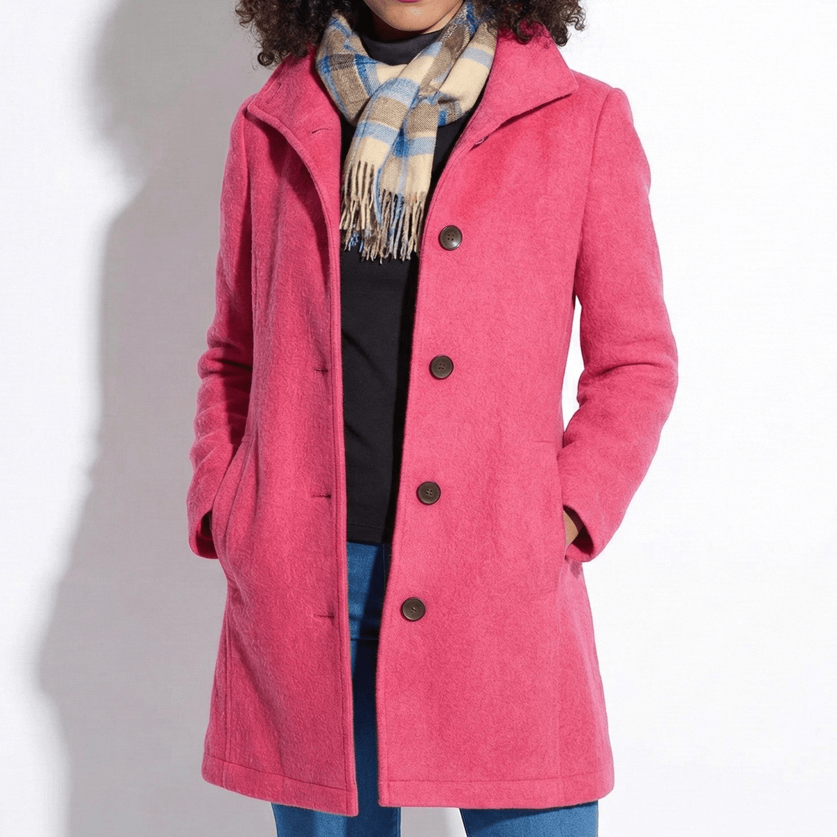 Colleen Womens Button-Front Winter Coat with Clean Lines in Pink