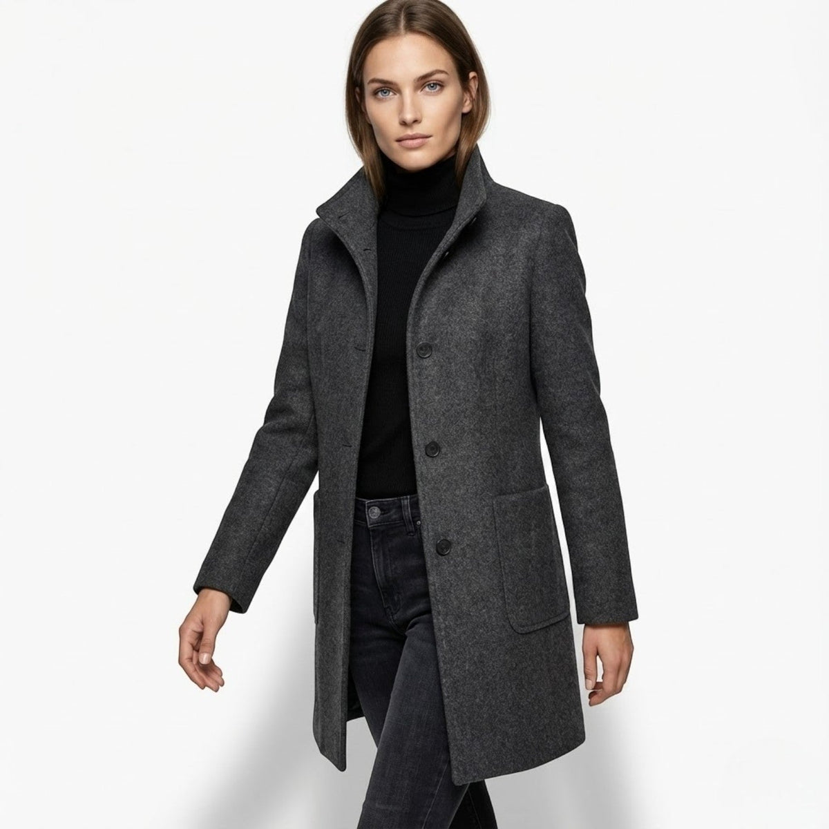 Nichole Womens Long Winter Coat with Stand-Up Collar in Black