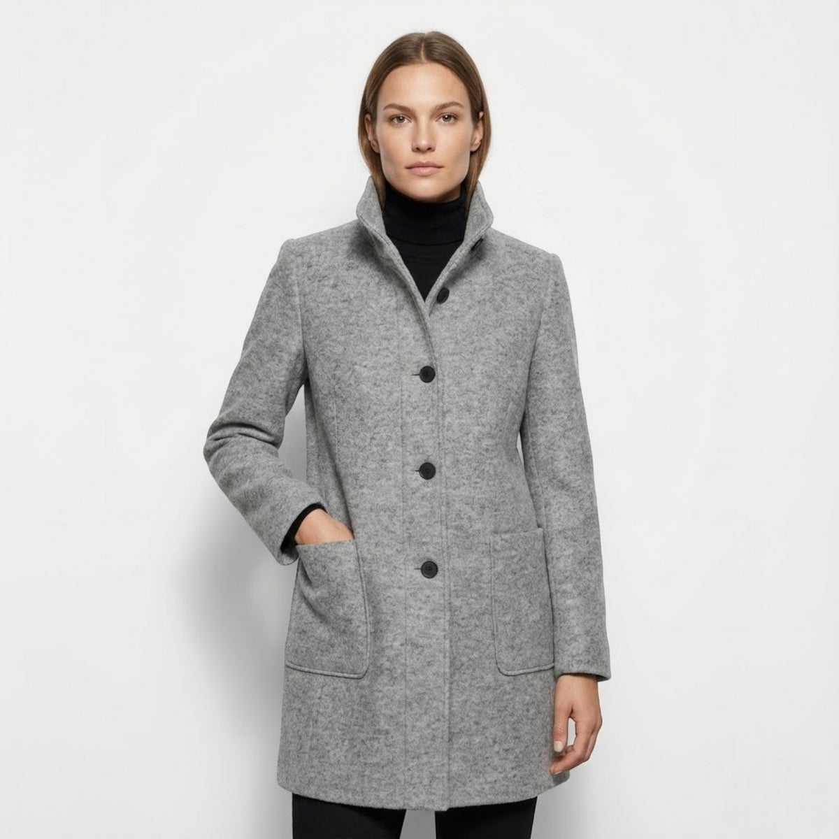 Nichole Womens Long Winter Coat with Stand-Up Collar in Light Gray