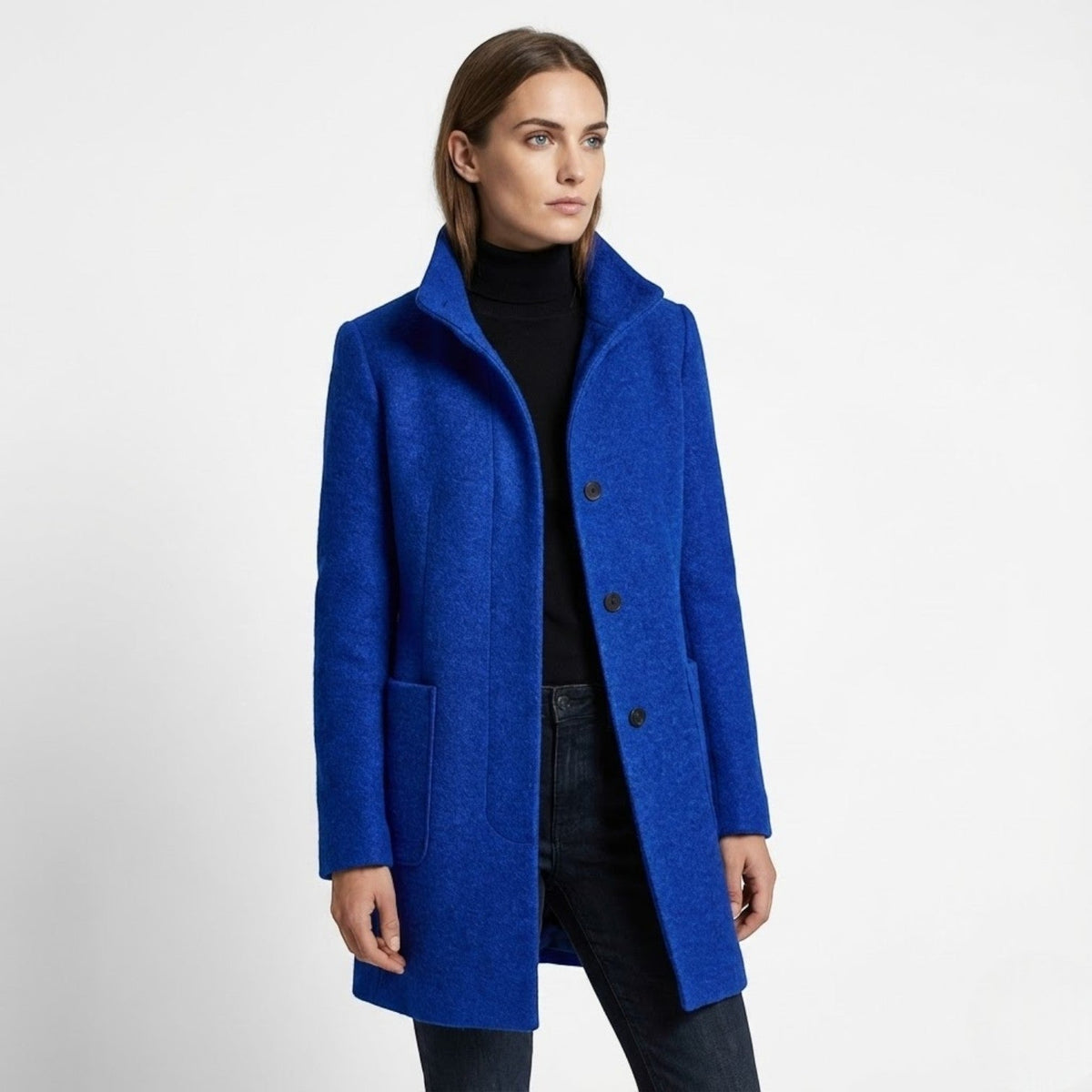 Nichole Womens Long Winter Coat with Stand-Up Collar in Dark Blue