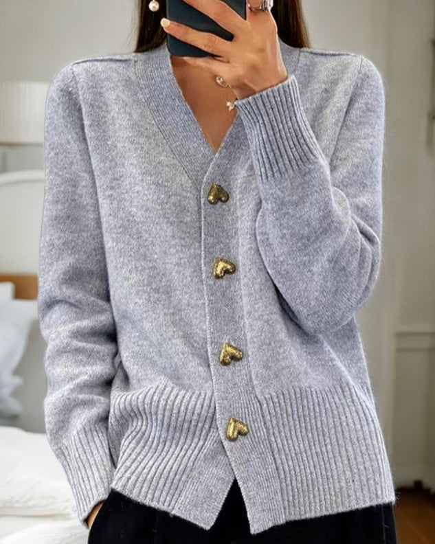 Chelsea Womens V-Neck Cardigan Sweater with Heart Buttons in Gray