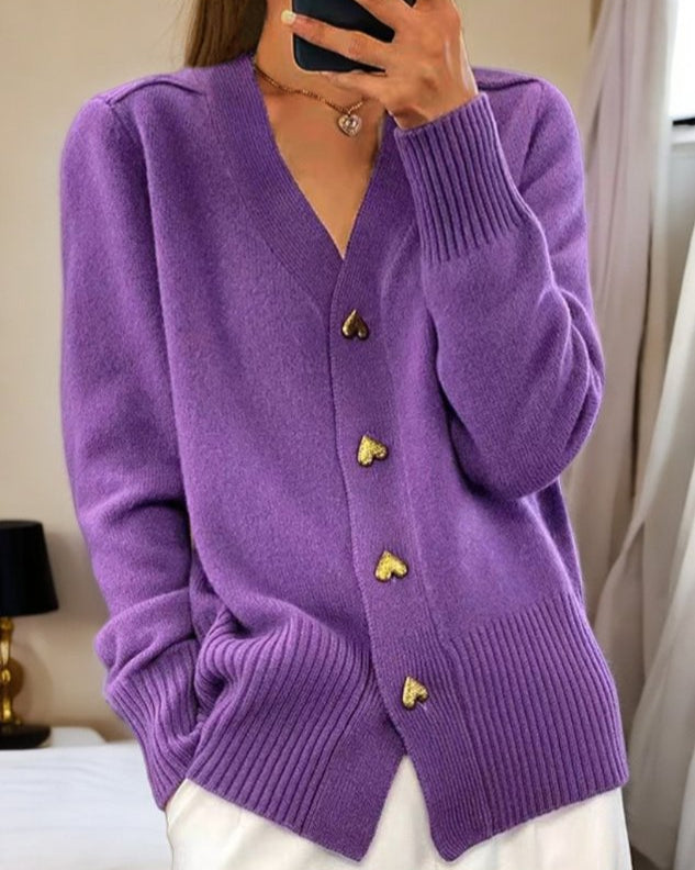 Chelsea Womens V-Neck Cardigan Sweater with Heart Buttons in Violet