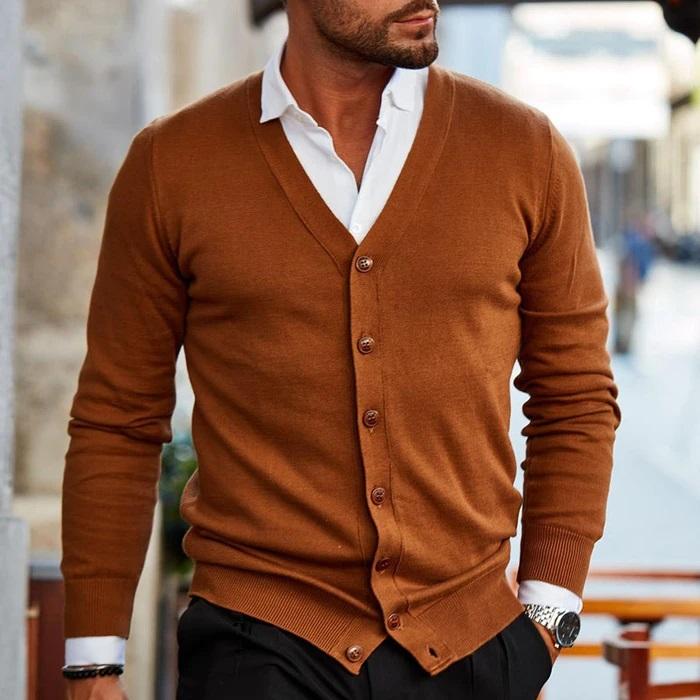 Kevin Mens V-Neck Button Cardigan Sweater in Dark Brown