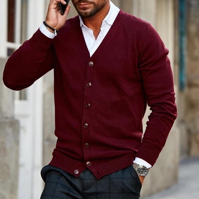 Kevin Mens V-Neck Button Cardigan Sweater in Dark Red
