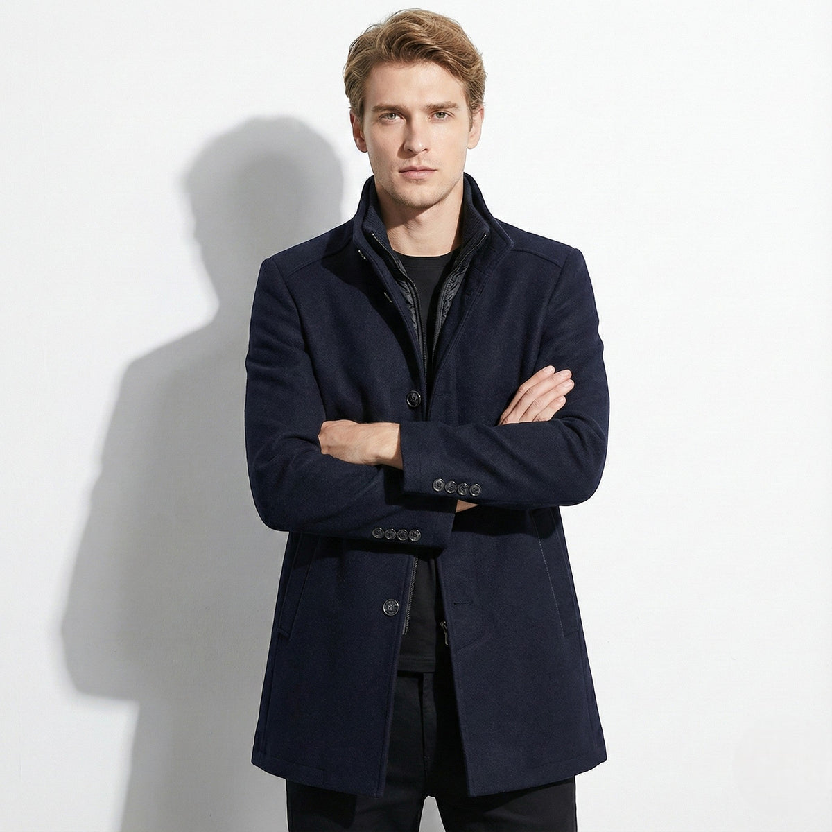 Stellan Mens Winter Jacket with Stand Collar in Navy