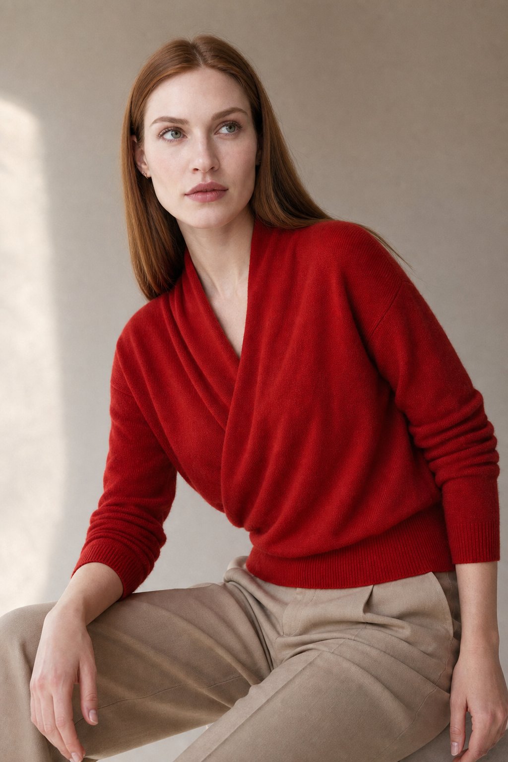 Teresa Womens Cashmere Sweater with Crossover Collar in Red