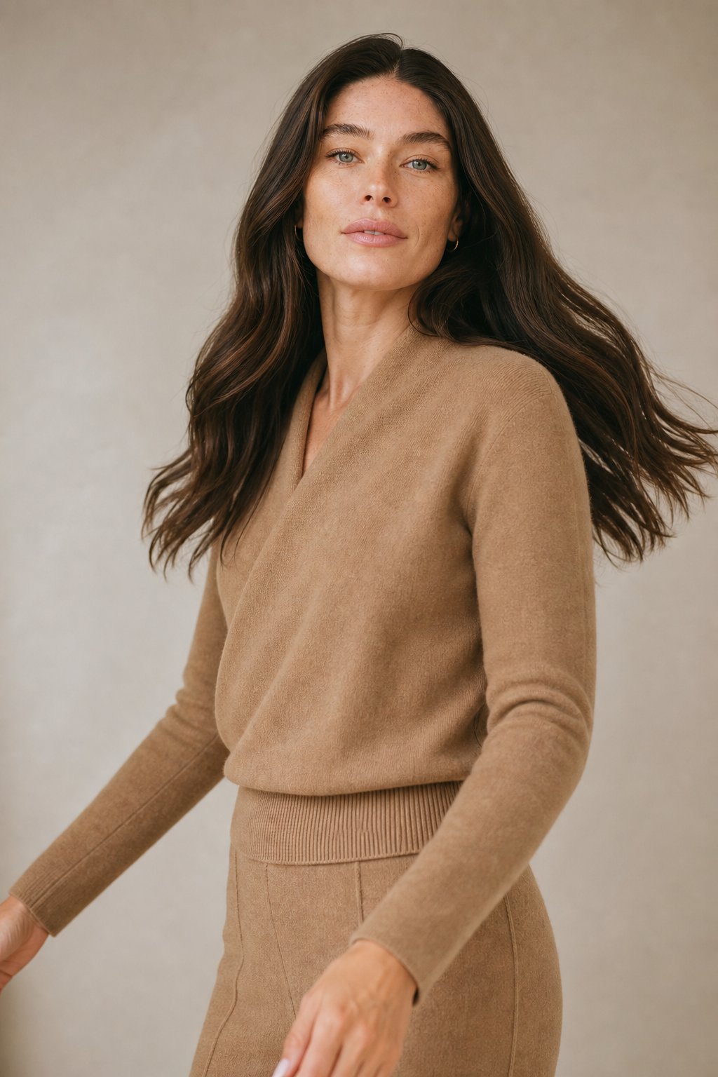 Teresa Womens Cashmere Sweater with Crossover Collar in Camel