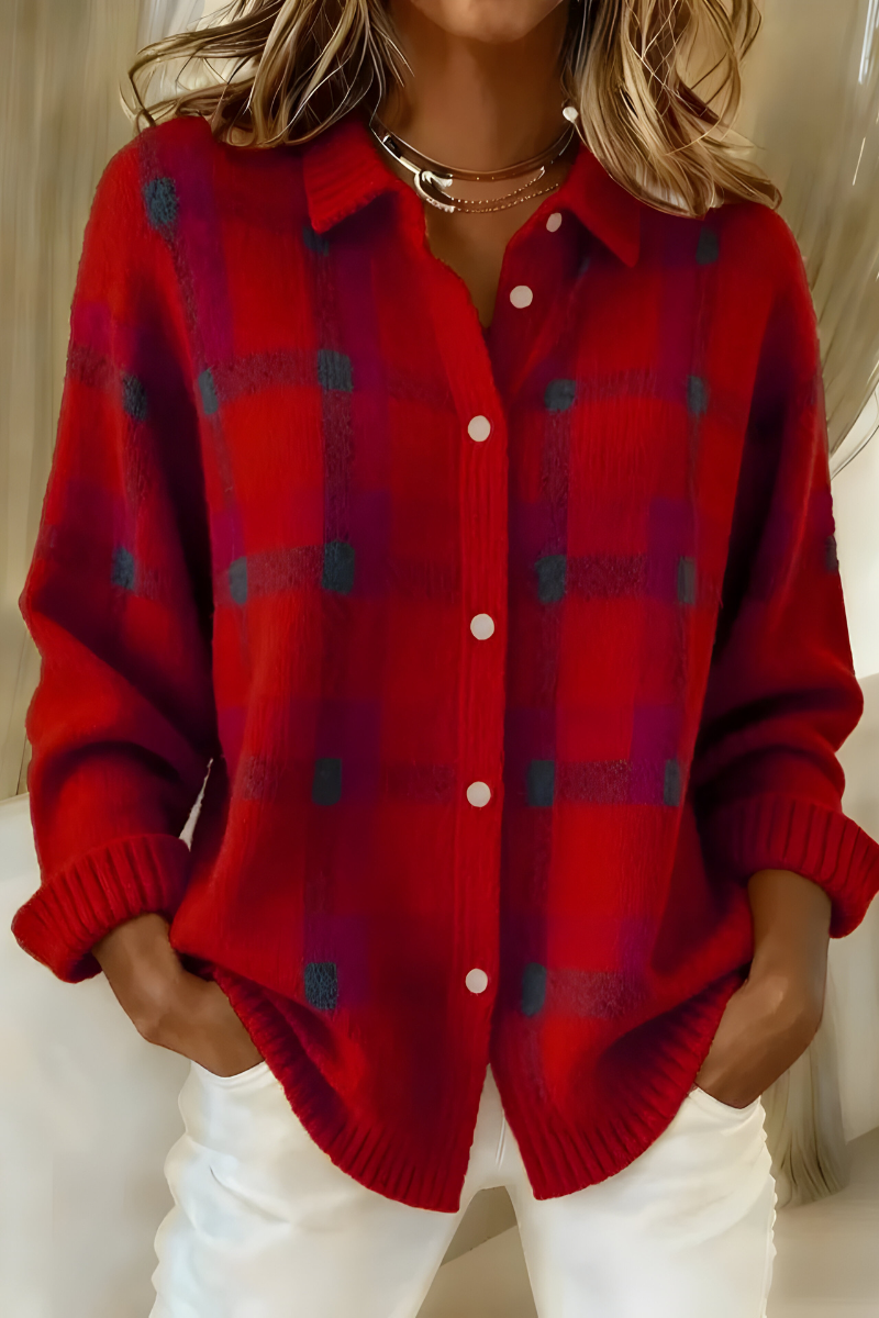Women's Plaid Button-Up Cardigan, Relaxed Oversized Fit | Bold Check Pattern, Ribbed Cuffs & Collar | 7 Colorways | S–5XL
