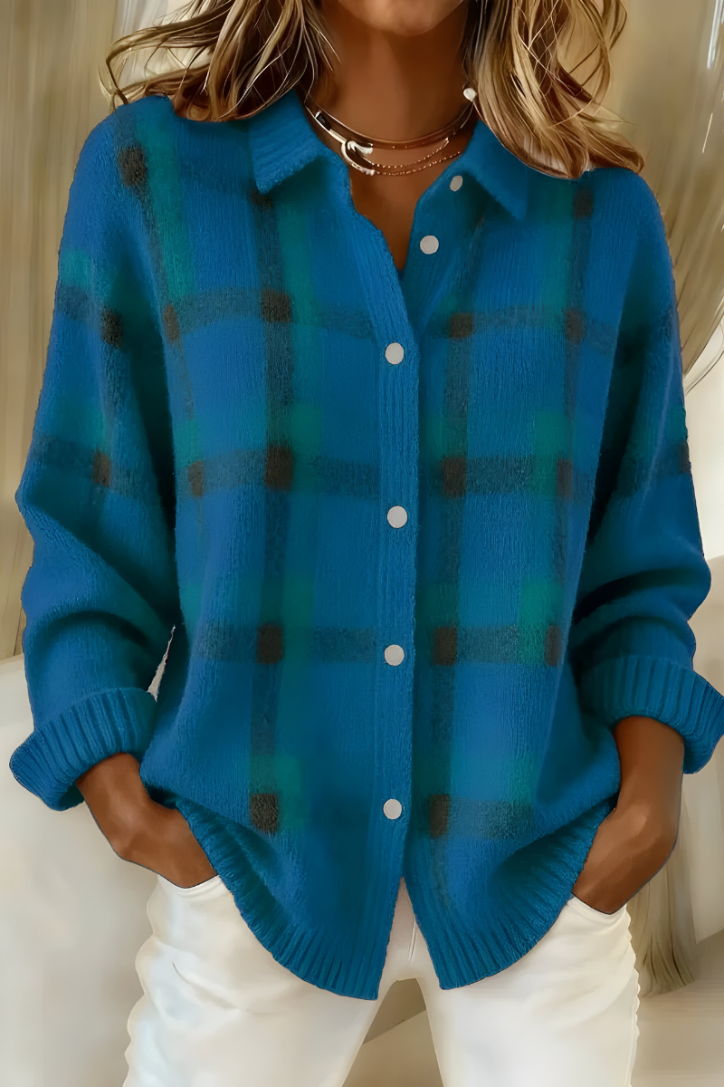 Women's Plaid Button-Up Cardigan, Relaxed Oversized Fit | Bold Check Pattern, Ribbed Cuffs & Collar | 7 Colorways | S–5XL