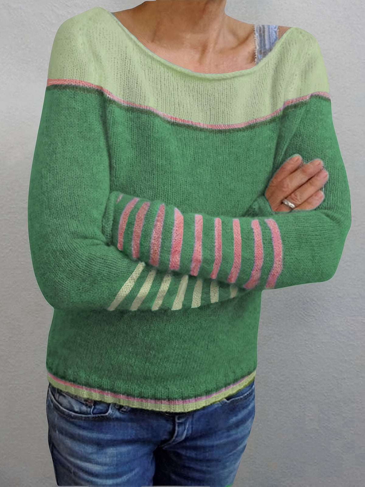Tavitha | Women's Striped Boat Neck Knit Sweater — Soft Long-Sleeve Pullover with Stripe Cuffs | Westmere