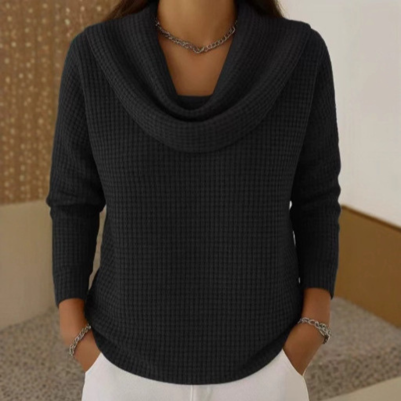 Thessaly | Women's Cowl Neck Waffle Knit Sweater — Draped Neckline, Textured Pullover for Fall | Westmere
