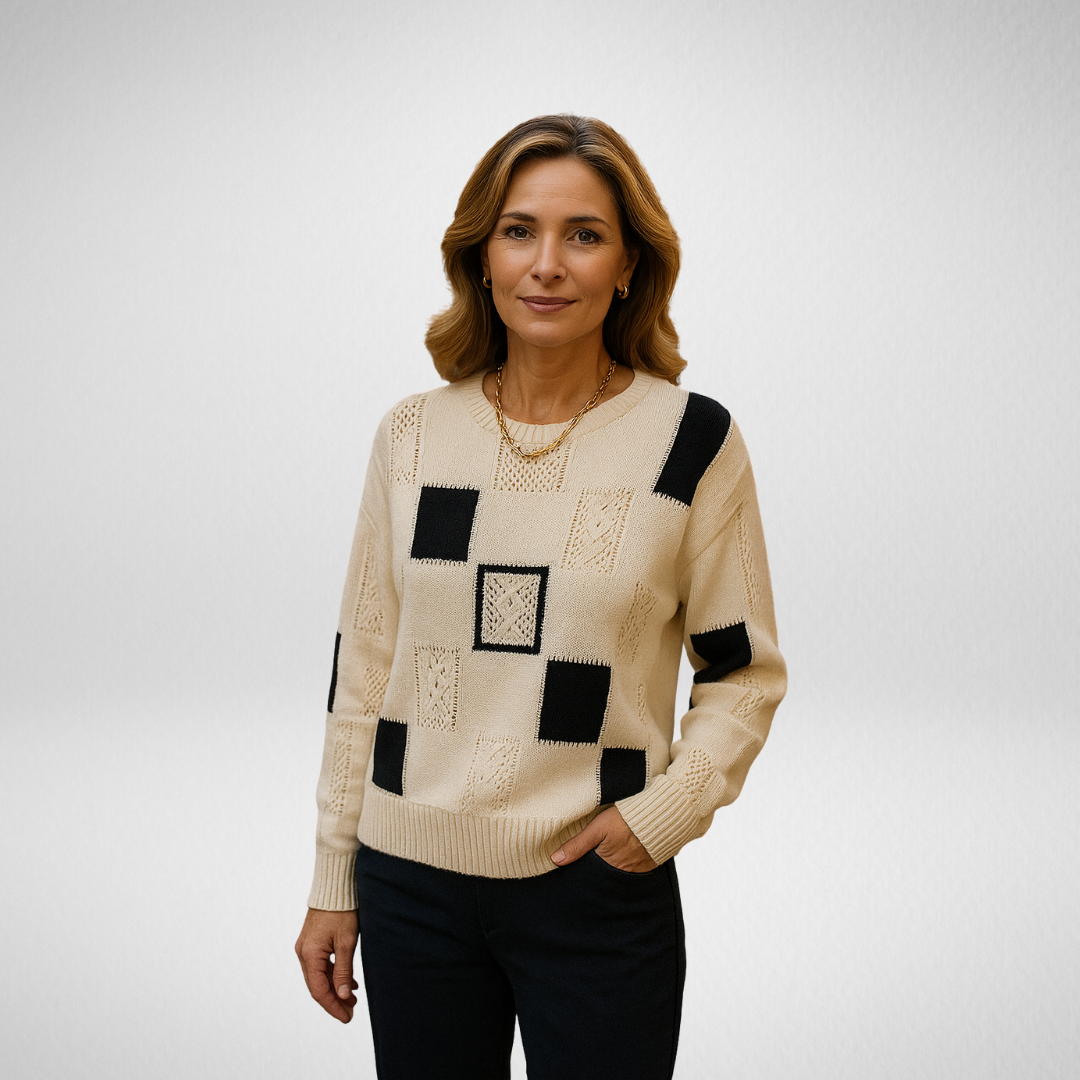 Thessaly | Women's Patchwork Knit Pullover Sweater — Bold Graphic Crew Neck in 3 Colors | Westmere
