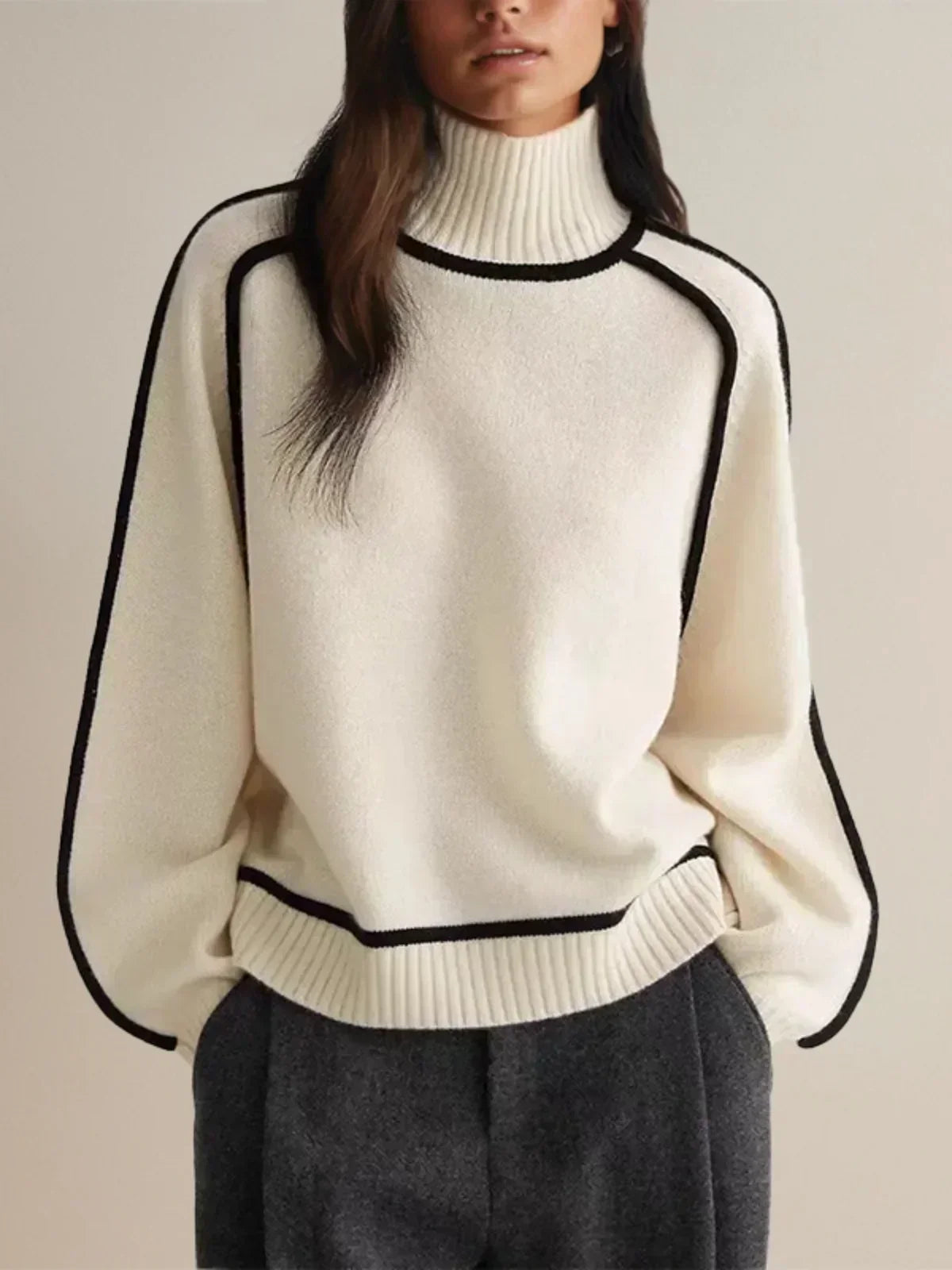 Thessaly | Women's Turtleneck Sweater with Contrast Piping — Oversized Cream Knit Pullover | Westmere