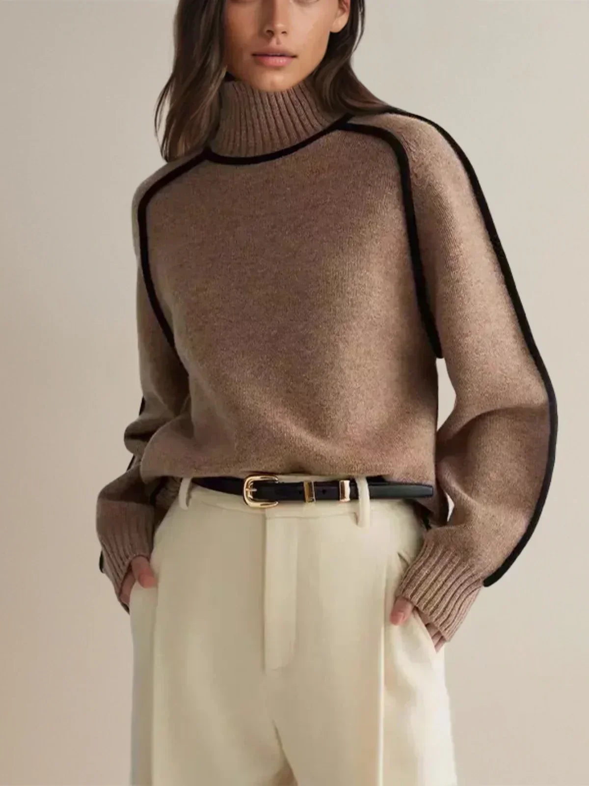 Thessaly | Women's Turtleneck Sweater with Contrast Piping — Oversized Cream Knit Pullover | Westmere