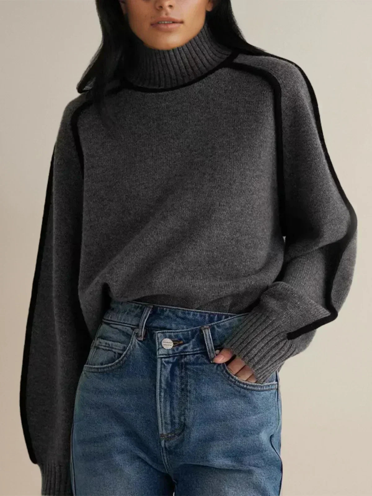 Thessaly | Women's Turtleneck Sweater with Contrast Piping — Oversized Cream Knit Pullover | Westmere