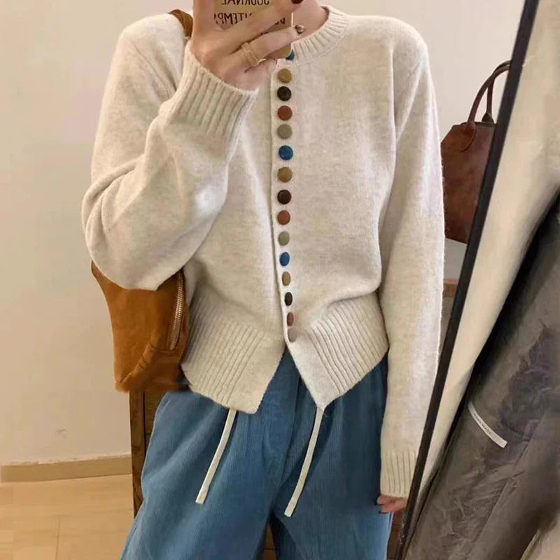 Thessira | Women's Button-Front Cardigan Sweater — Multicolor Buttons on Relaxed Knit in 4 Colors | Westmere