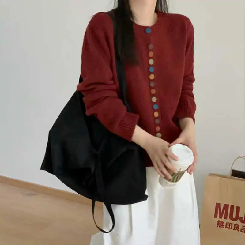 Thessira | Women's Button-Front Cardigan Sweater — Multicolor Buttons on Relaxed Knit in 4 Colors | Westmere