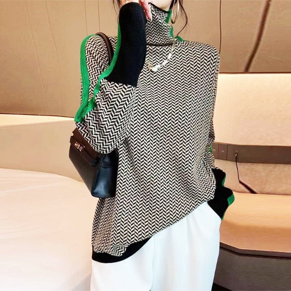 Threnody | Women's Herringbone Turtleneck Sweater — Oversized Knit with Contrast Sleeve Trim | Westmere