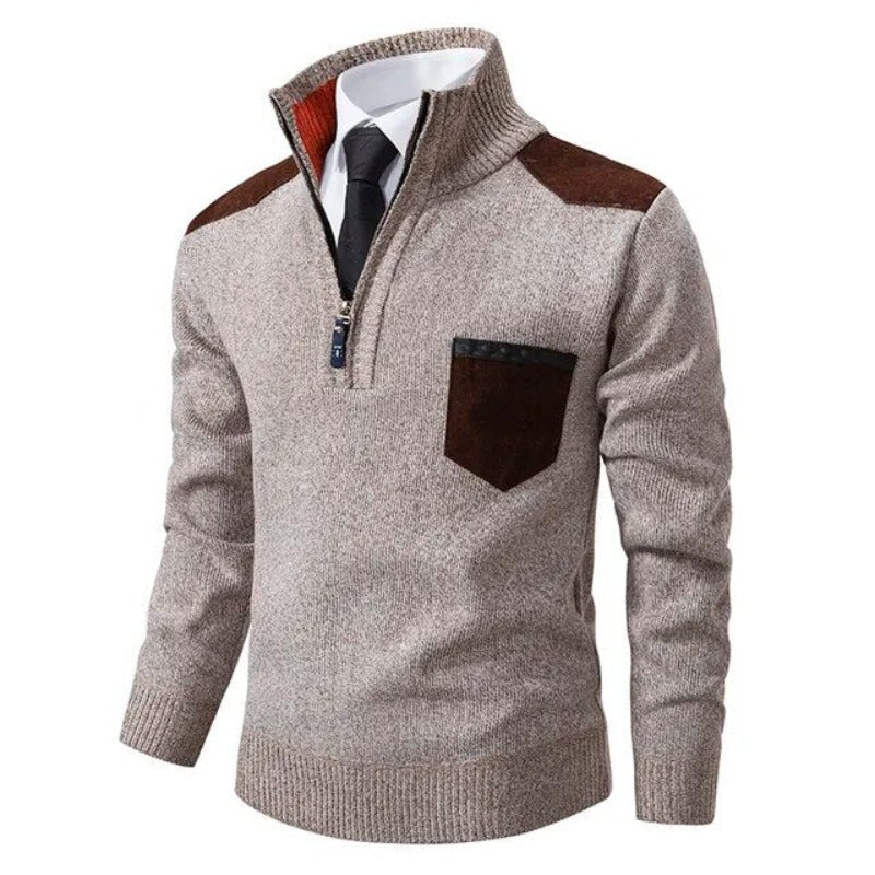 Tiesto Mens Pullover Sweater with Collar and Chest Pocket in Beige