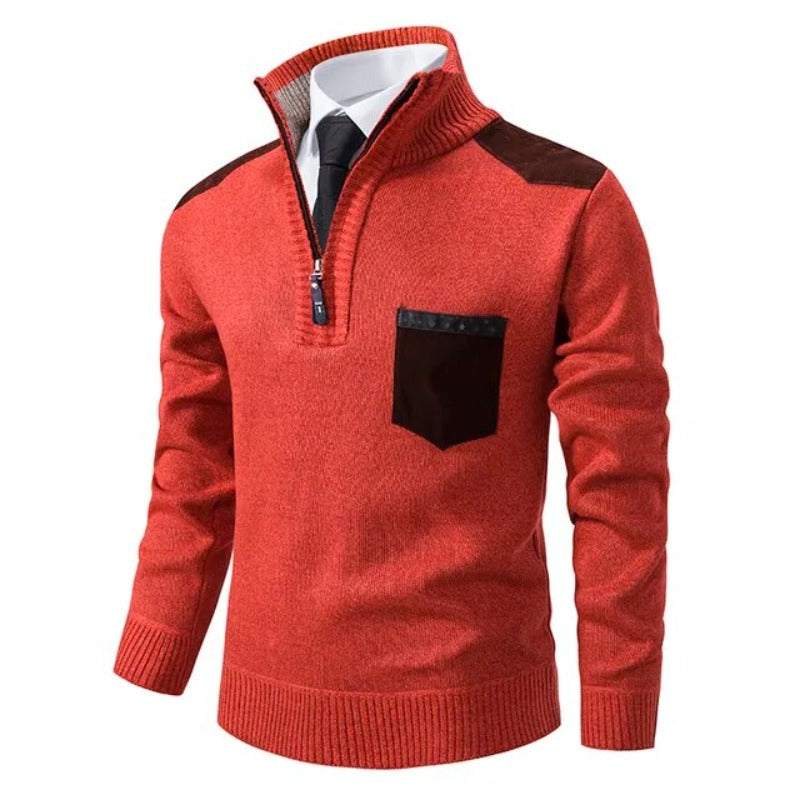 Tiesto Mens Pullover Sweater with Collar and Chest Pocket in Orange