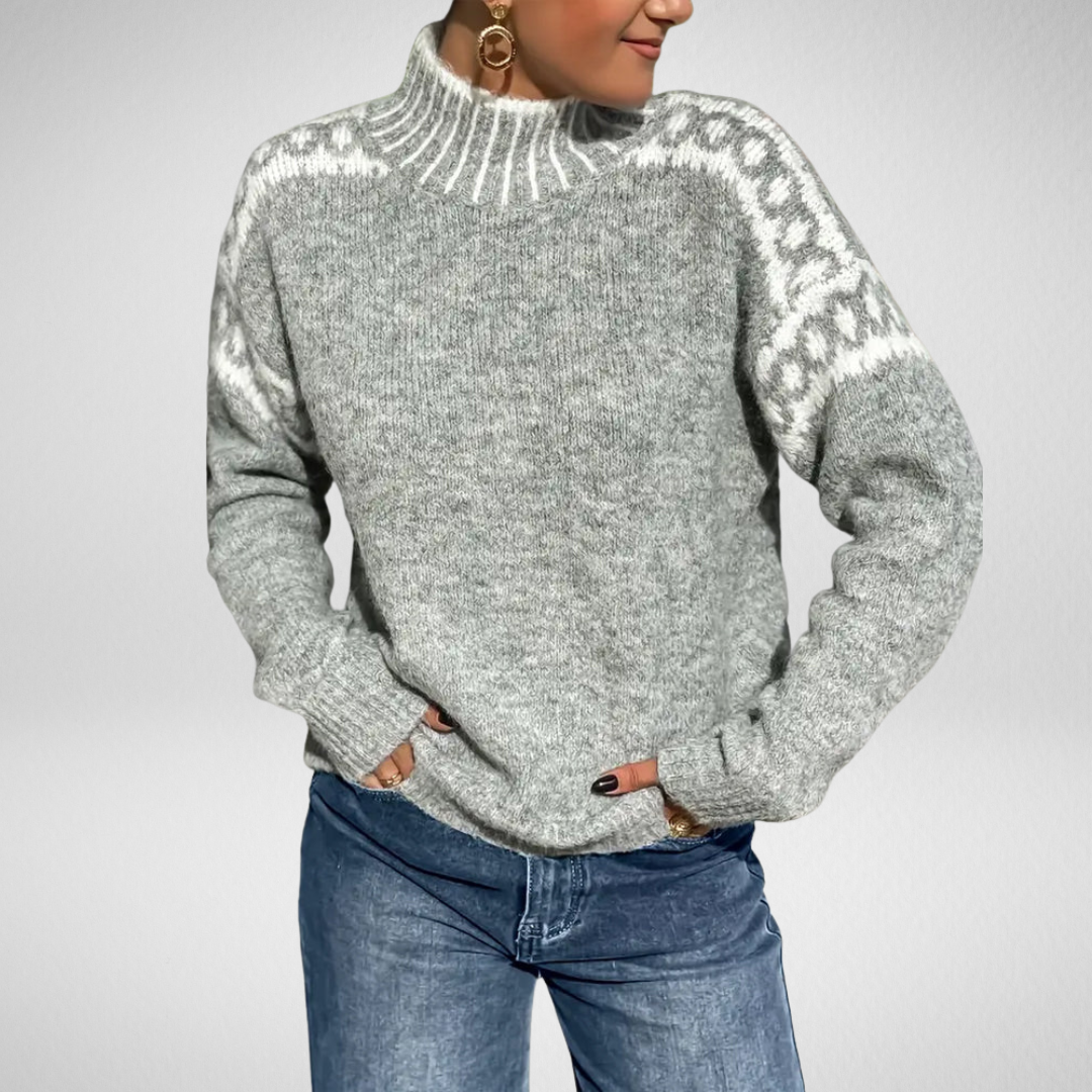 Tivona | Women's Mock Neck Knit Sweater — Nordic Shoulder Pattern Pullover in Gray | Westmere