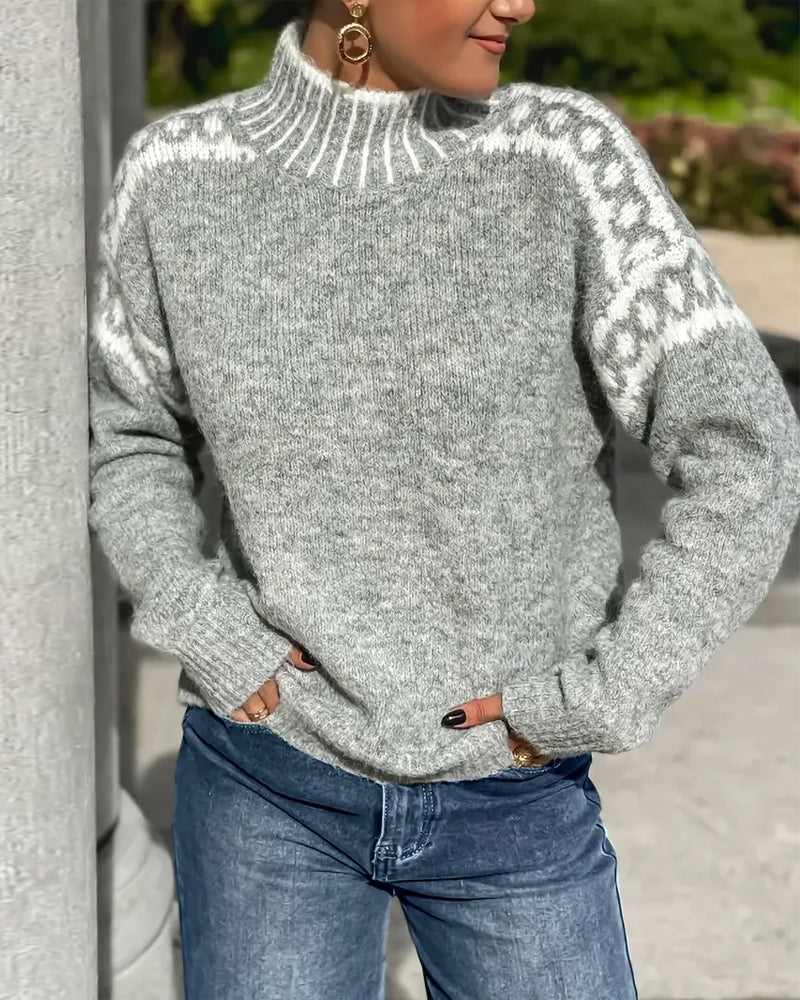 Tivona | Women's Mock Neck Knit Sweater — Nordic Shoulder Pattern Pullover in Gray | Westmere