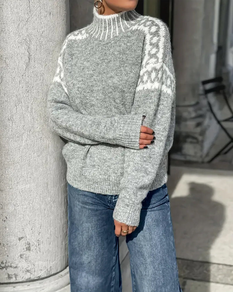 Tivona | Women's Mock Neck Knit Sweater — Nordic Shoulder Pattern Pullover in Gray | Westmere