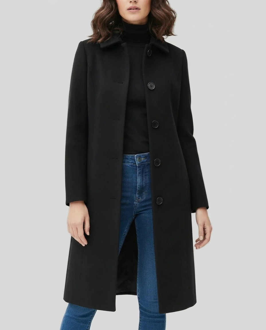 Tonya Womens Long Trench Coat, Single-Breasted in Black