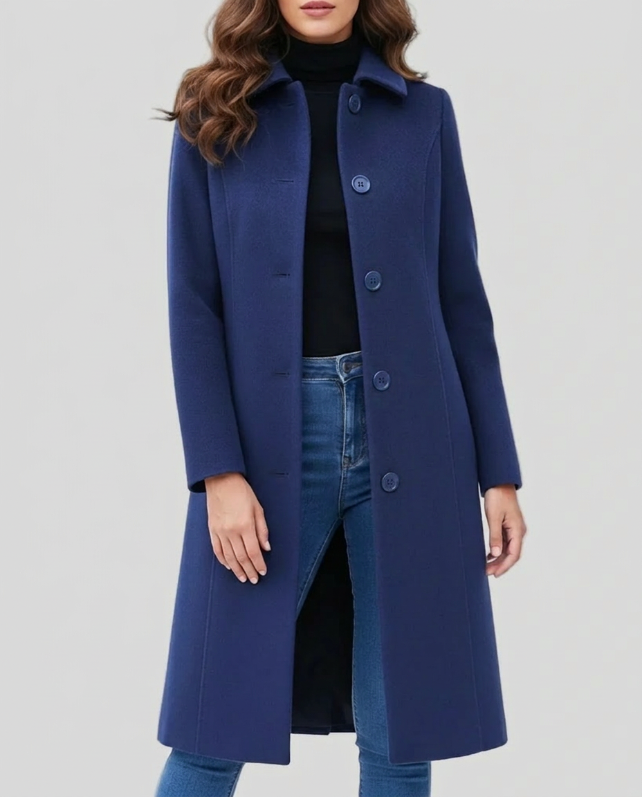 Tonya Womens Long Trench Coat, Single-Breasted in Dark Blue