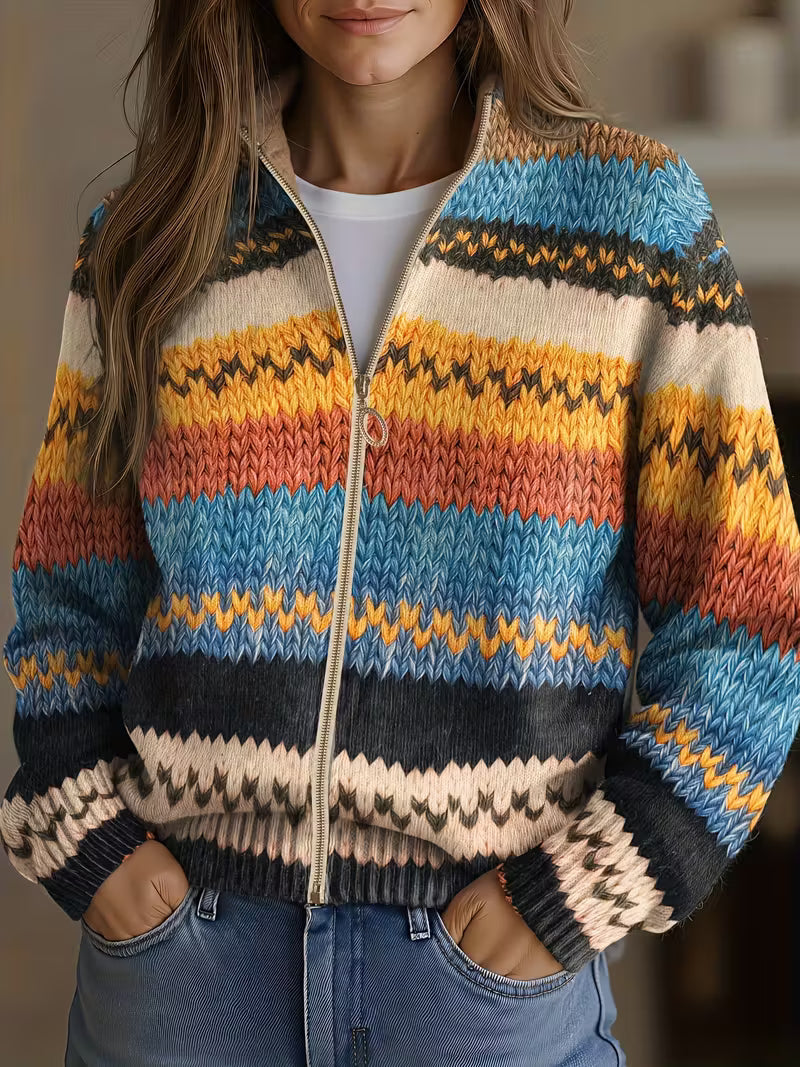 Trevena | Women's Striped Zip-Up Knit Cardigan — Bold Chevron Pattern in Turquoise & Coral | Westmere