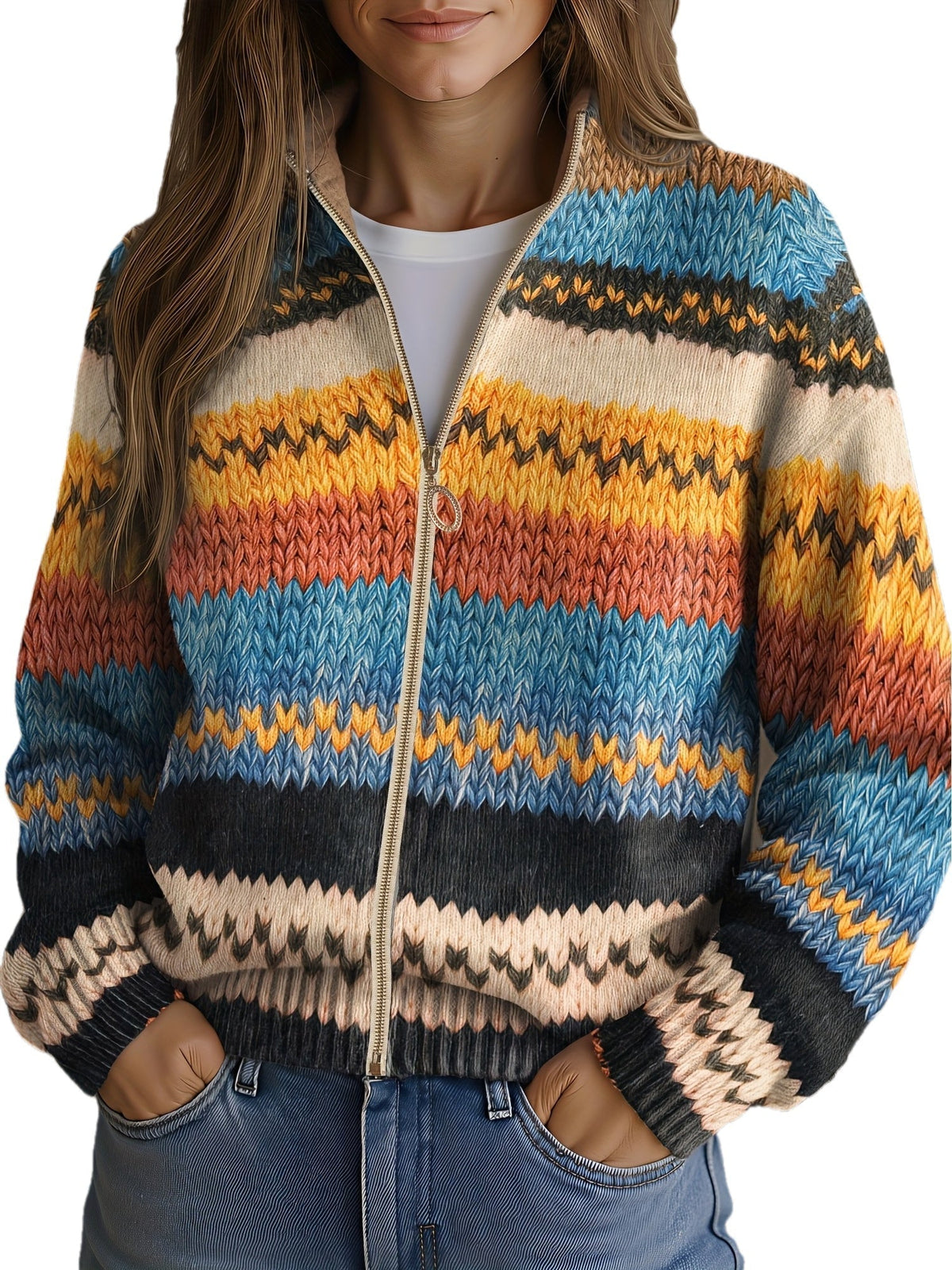 Trevena | Women's Striped Zip-Up Knit Cardigan — Bold Chevron Pattern in Turquoise & Coral | Westmere