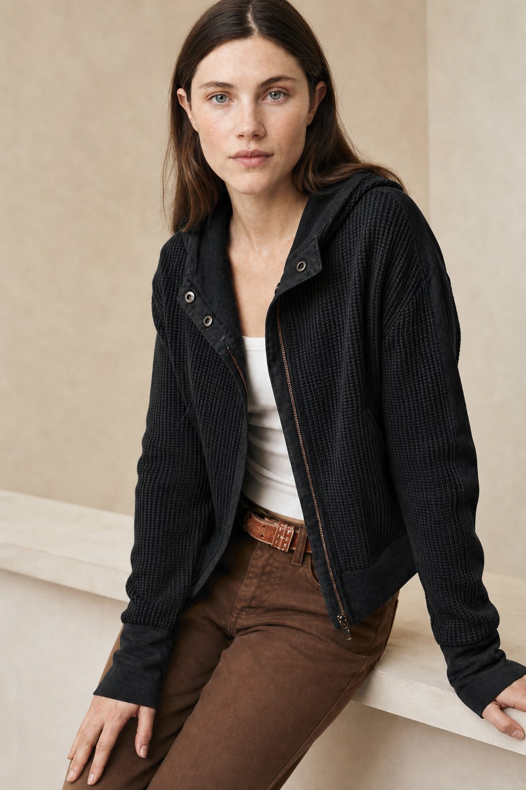 Christina Womens Cropped Zip Hoodie in Waffle Cotton
