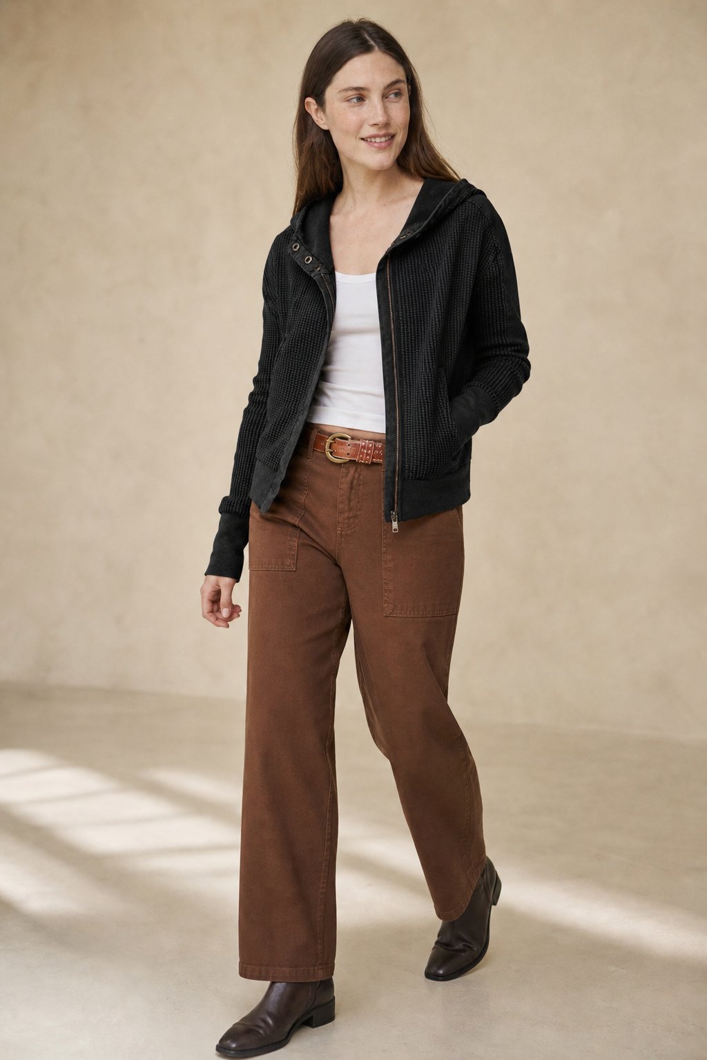 Christina Womens Cropped Zip Hoodie in Waffle Cotton in Black
