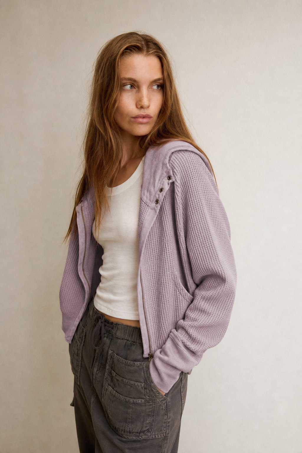 Christina Womens Cropped Zip Hoodie in Waffle Cotton
