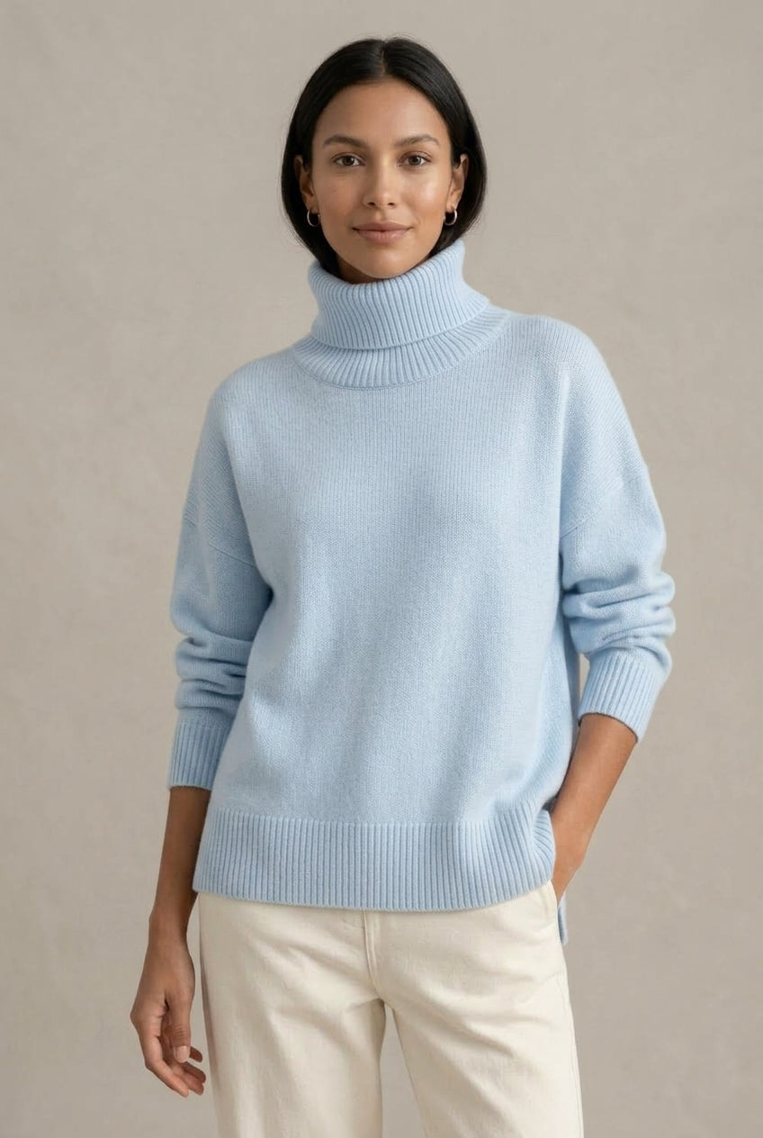 Katie Womens Oversized Cashmere Turtleneck Sweater in Light Blue