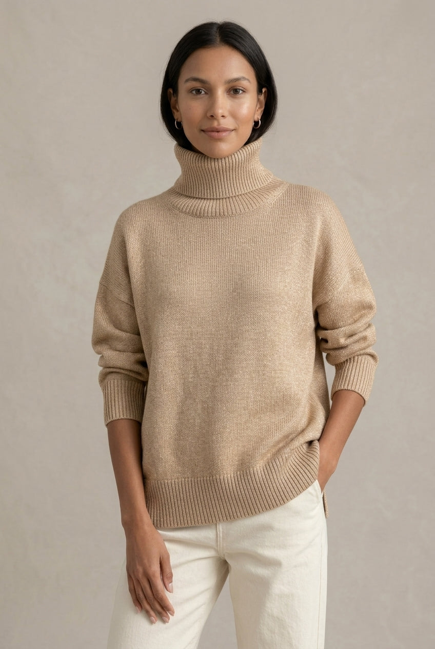 Katie Womens Oversized Cashmere Turtleneck Sweater in Khaki