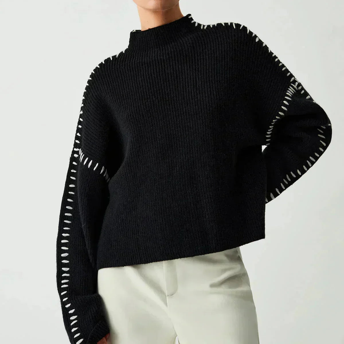 Verity | Women's Oversized Mock Neck Sweater — Chunky Knit with Contrast Whipstitch Trim | Westmere