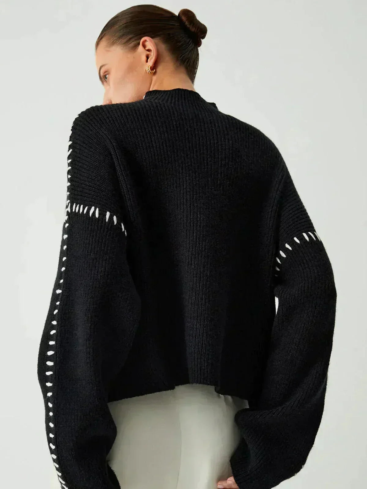 Verity | Women's Oversized Mock Neck Sweater — Chunky Knit with Contrast Whipstitch Trim | Westmere