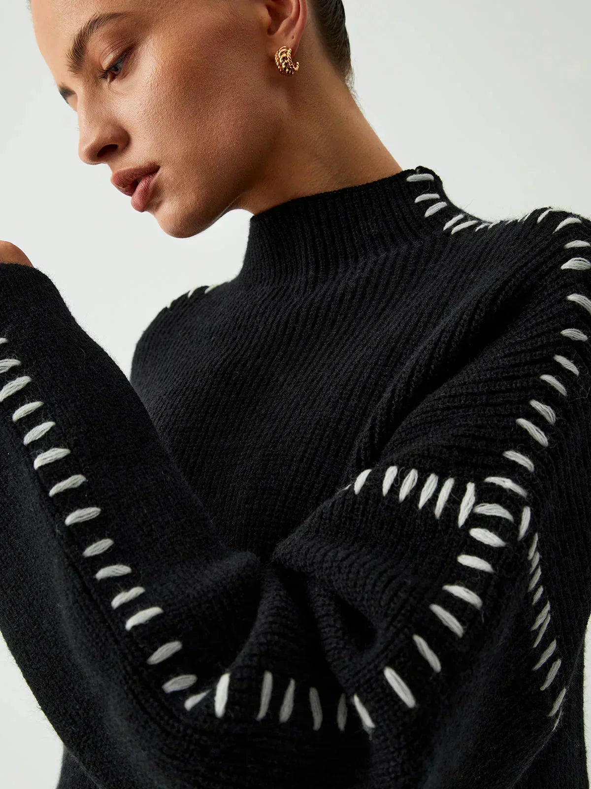 Verity | Women's Oversized Mock Neck Sweater — Chunky Knit with Contrast Whipstitch Trim | Westmere
