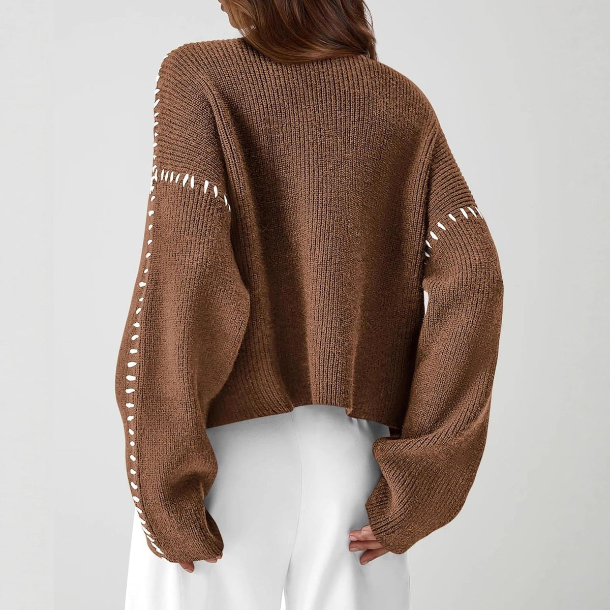 Verity | Women's Oversized Mock Neck Sweater — Chunky Knit with Contrast Whipstitch Trim | Westmere