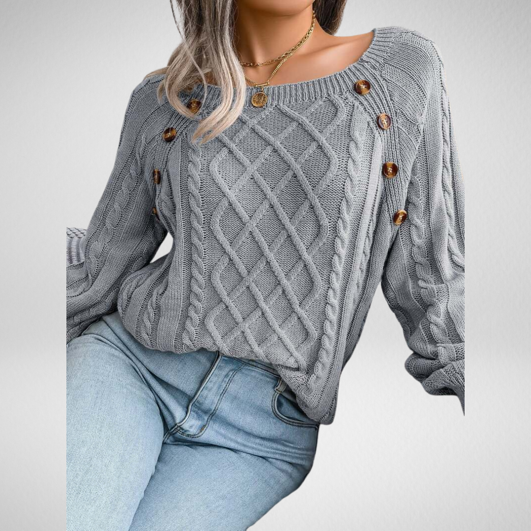 Vexara | Women's Cable Knit Button Detail Sweater — Tortoiseshell Shoulder Buttons in 4 Colors | Westmere
