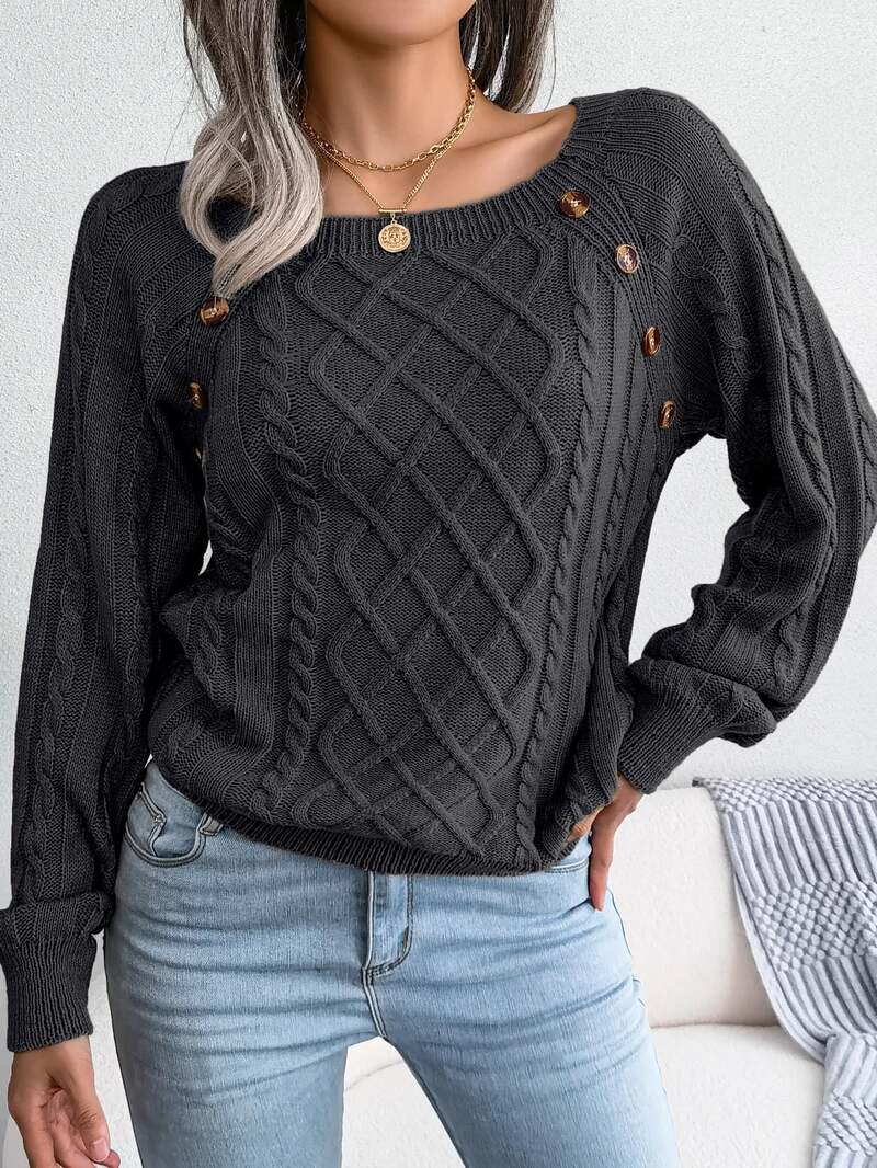 Vexara | Women's Cable Knit Button Detail Sweater — Tortoiseshell Shoulder Buttons in 4 Colors | Westmere