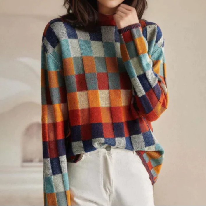 Vexna | Women's Colorblock Mock Turtleneck Sweater — Retro Check Pattern Knit Pullover | Westmere