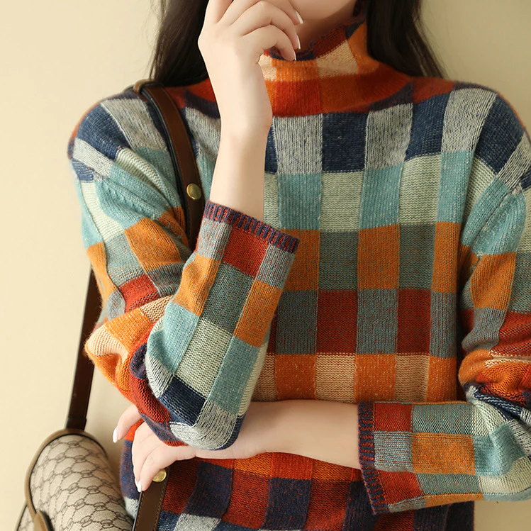 Vexna | Women's Colorblock Mock Turtleneck Sweater — Retro Check Pattern Knit Pullover | Westmere