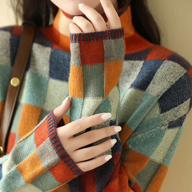 Vexna | Women's Colorblock Mock Turtleneck Sweater — Retro Check Pattern Knit Pullover | Westmere