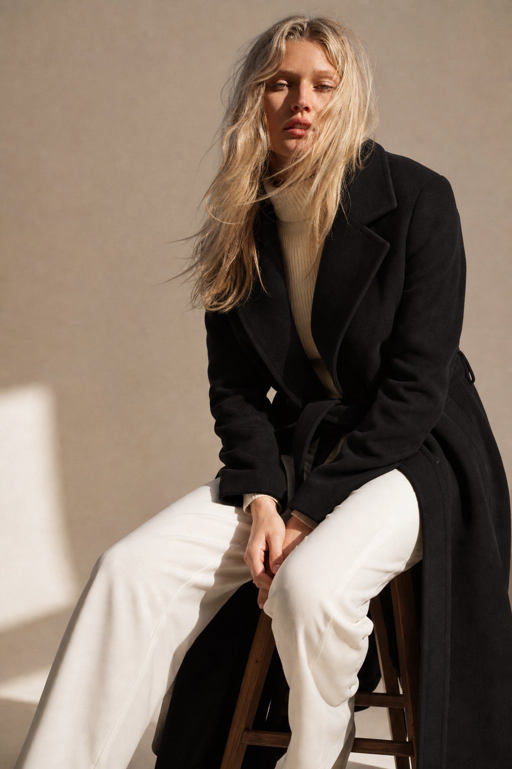 Claire Womens Belted Wool Coat in Midi Length